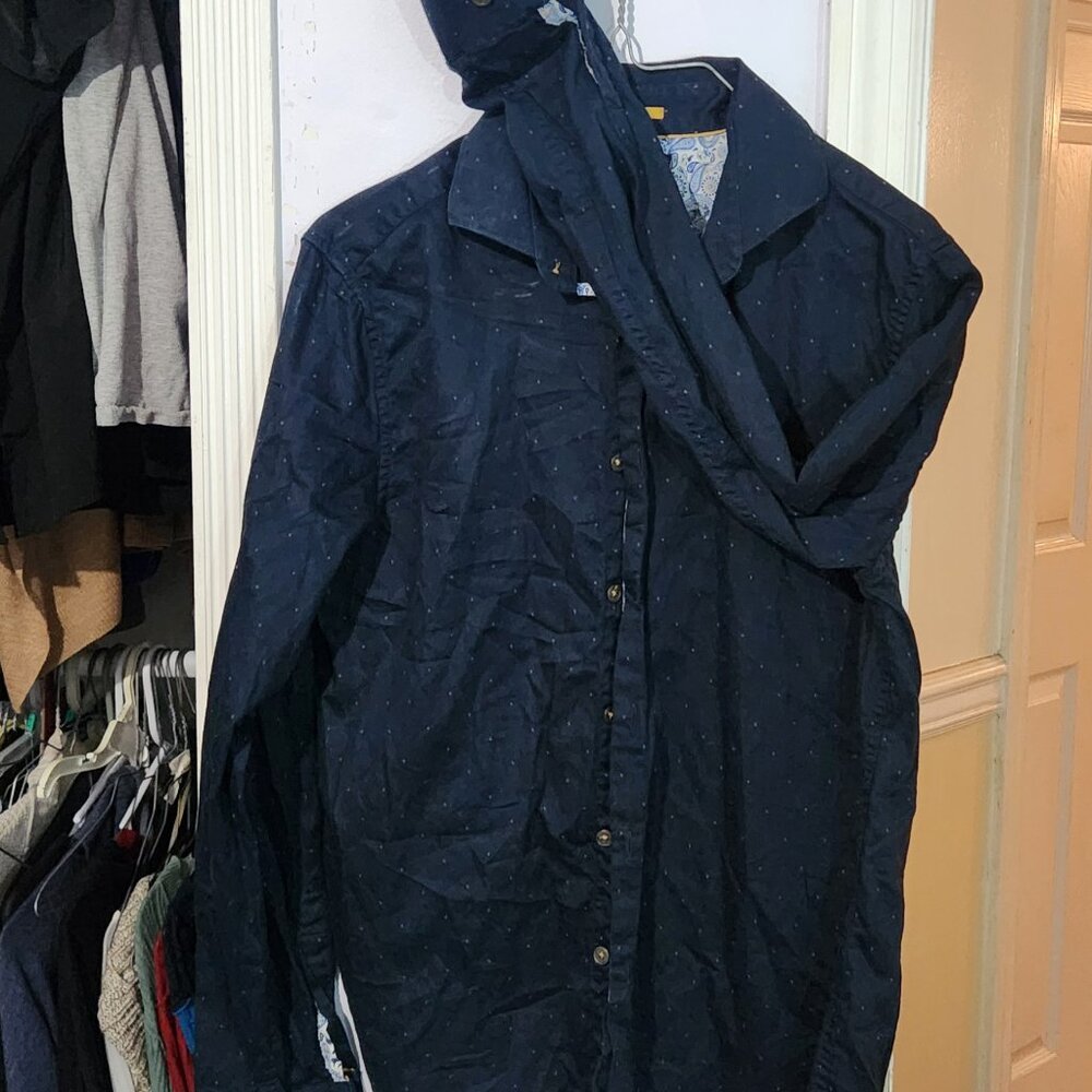 Denim and Flowers Dark Blue Men's Collared Button Up Dress Shirt